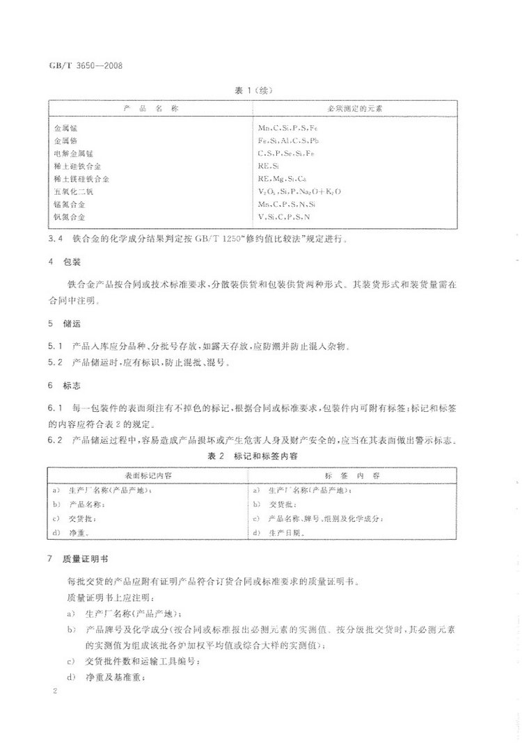 鐵合金驗收、包裝、儲運、標志和質量證明書的一般規定國家標準GB/T 3650-2008